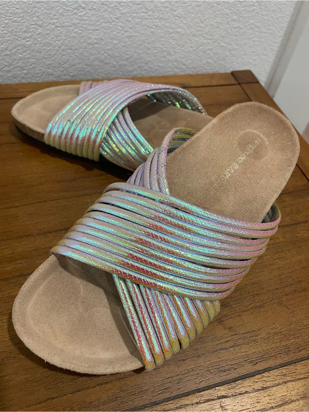 *Iridescent Rainbow* Loeffler Randall Crossband “Petra” Sandals , sz 5 EXC COND